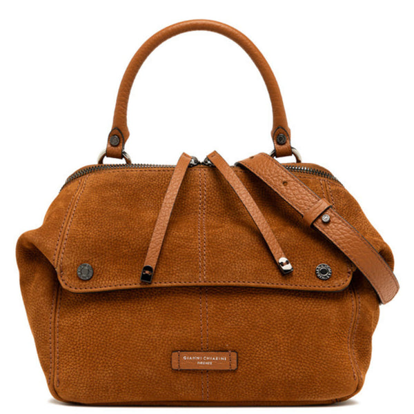 Brown leather handbag with top handles and adjustable front strap detail
