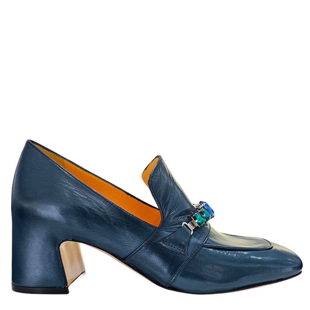 Navy leather mid-heel jeweled loafer with jewel bar detail at vamp