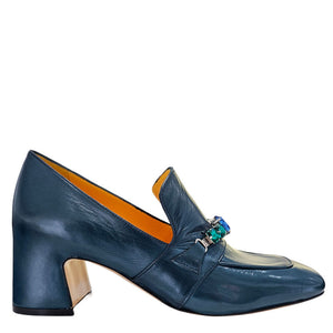 Navy leather mid-heel jeweled loafer with jewel bar detail at vamp