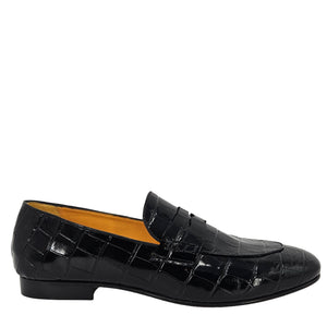 Black croc-embossed leather moc-toe flat loafer with low block heel