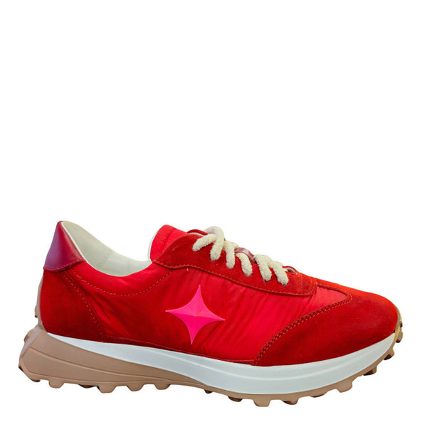 Red Star jogger sneaker, red lace-up with pink star side, chunky white sole