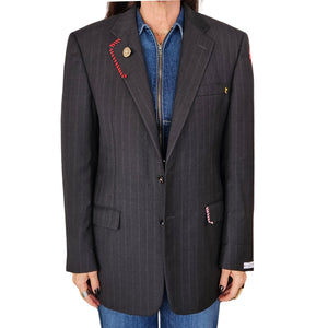 Charcoal pinstripe blazer with notch lapels, gold buttons, embroidered chest and sleeve details