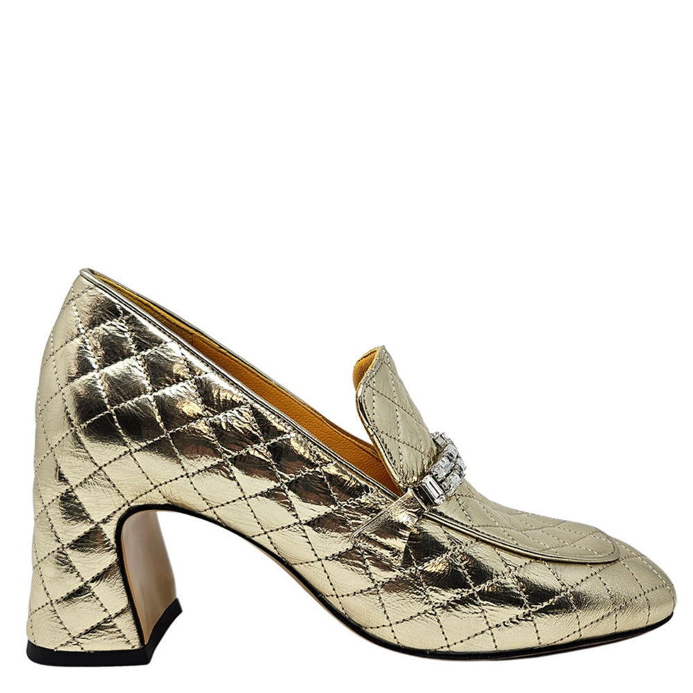 Gold quilted leather loafer with metallic sheen, chunky block heel, slip-on design