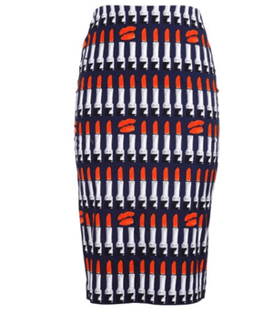 Long indigo skirt with repeating white and orange lipstick print, fitted waist
