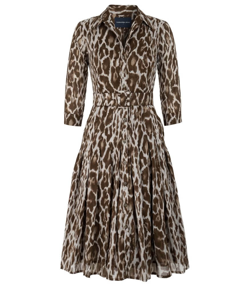 Leopard print long-sleeve dress with gathered waist, beige camel and brown
