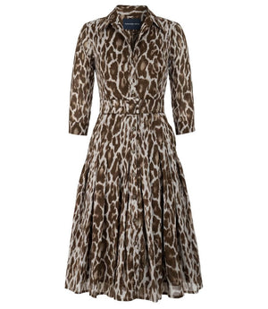 Leopard print long-sleeve dress with gathered waist, beige camel and brown