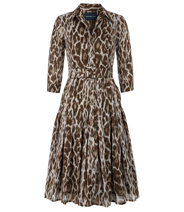 Leopard print long-sleeve dress with gathered waist, beige camel and brown