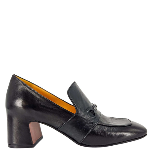 Black leather hidden-bit loafer with mid block heel and decorative bit detail