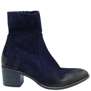 Navy suede ankle boot with block heel and almond toe