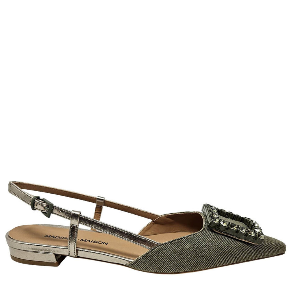 Khaki sling-back flat with jeweled toe and ankle strap, low block heel