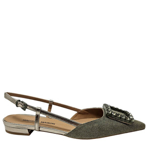 Khaki sling-back flat with jeweled toe and ankle strap, low block heel