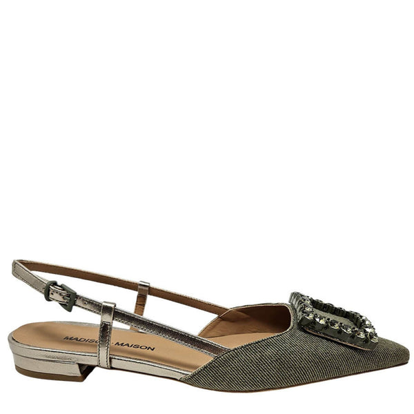Khaki sling-back flat with jeweled toe and ankle strap, low block heel