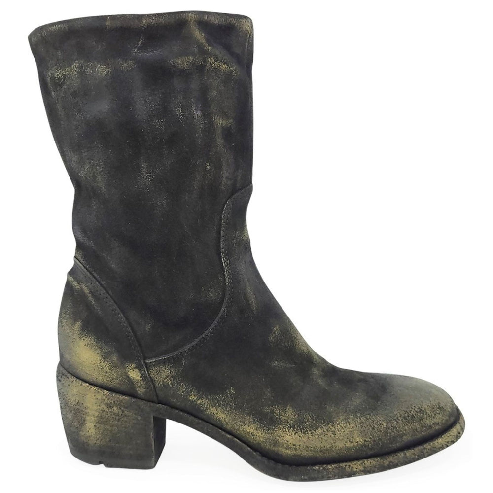 Mid-calf suede metallic boot with chunky heel and rounded toe
