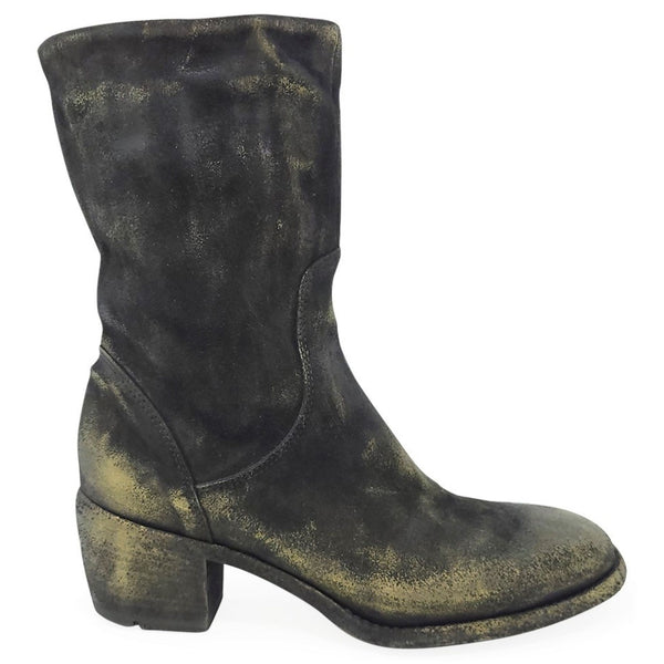 Mid-calf suede metallic boot with chunky heel and rounded toe