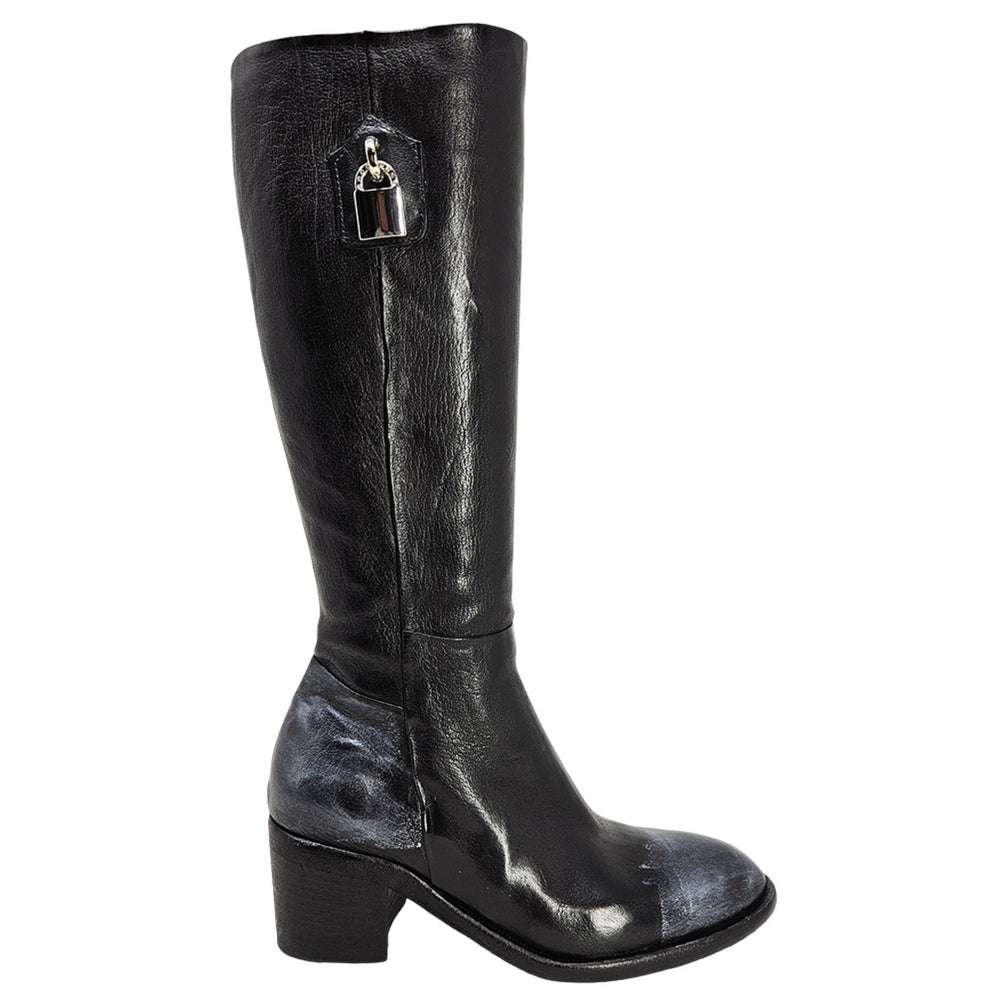 Black tall leather lock boot with side buckle detail and block heel