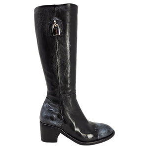 Black tall leather lock boot with side buckle detail and block heel