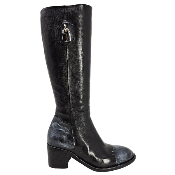 Black tall leather lock boot with side buckle detail and block heel
