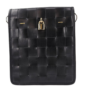 Black woven leather crossbody bag with quilted square pattern and front flap, gold lock