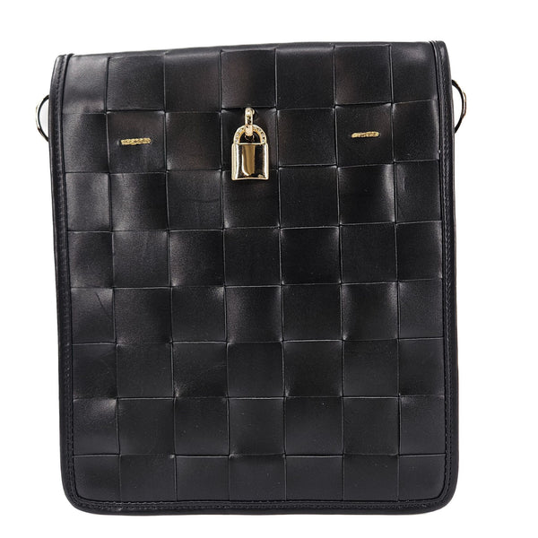 Black woven leather crossbody bag with quilted square pattern and front flap, gold lock