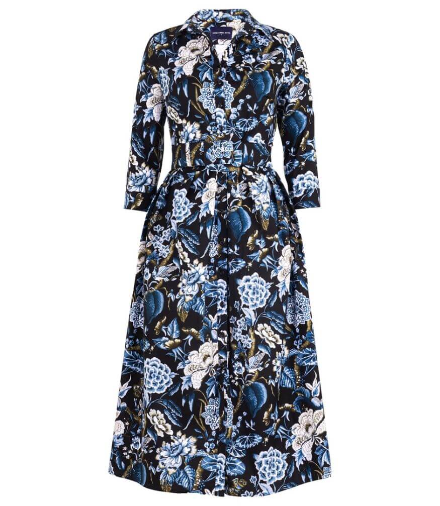Long-sleeve black-and-blue floral dress with button front and gathered waist