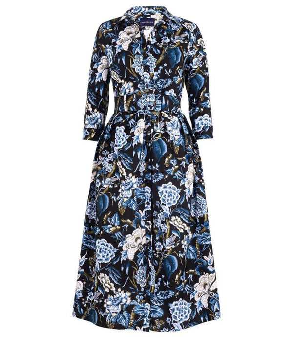 Long-sleeve black-and-blue floral dress with button front and gathered waist