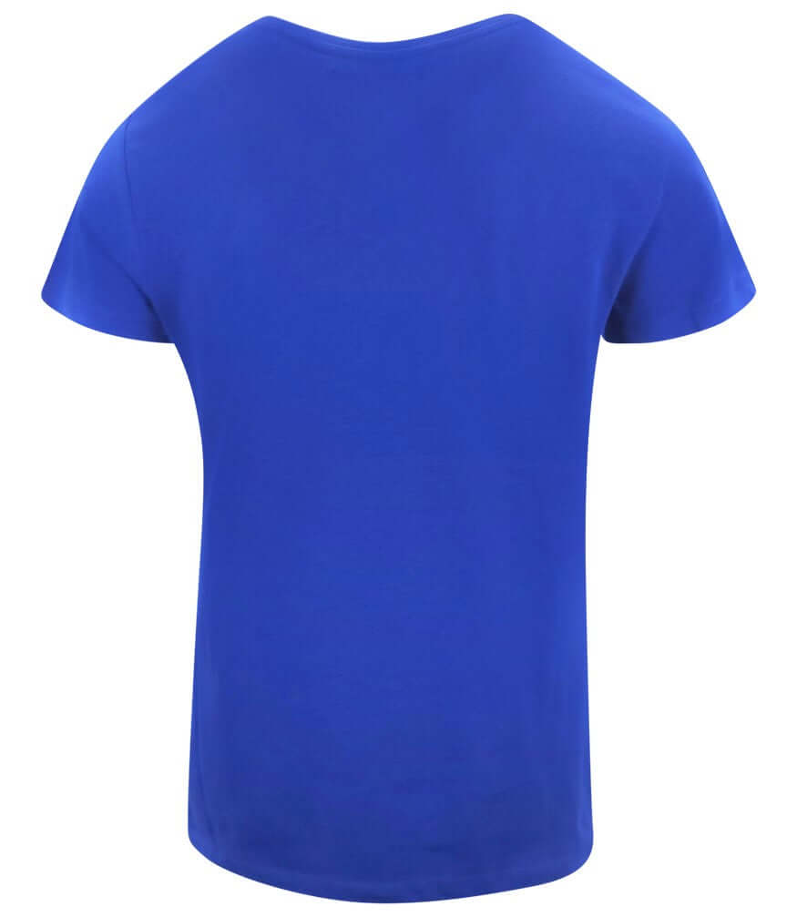 Mid-blue cotton crew-neck T-shirt with short sleeves, front view.