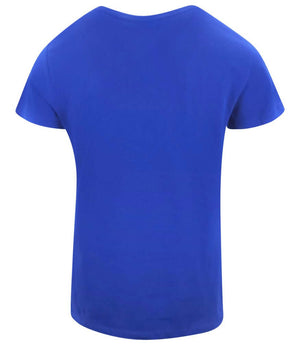 Mid-blue cotton crew-neck T-shirt with short sleeves, back view.