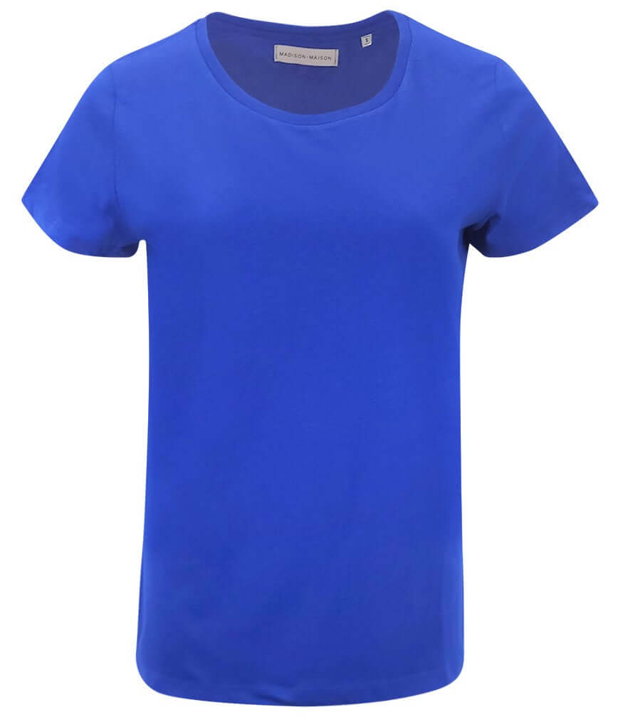 Mid-blue cotton crew-neck T-shirt with short sleeves, front view.