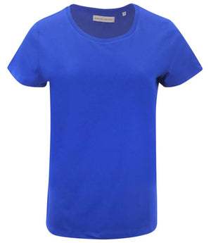 Mid-blue cotton crew-neck T-shirt with short sleeves, front view.