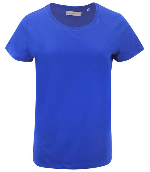 Mid-blue cotton crew-neck T-shirt with short sleeves, front view.