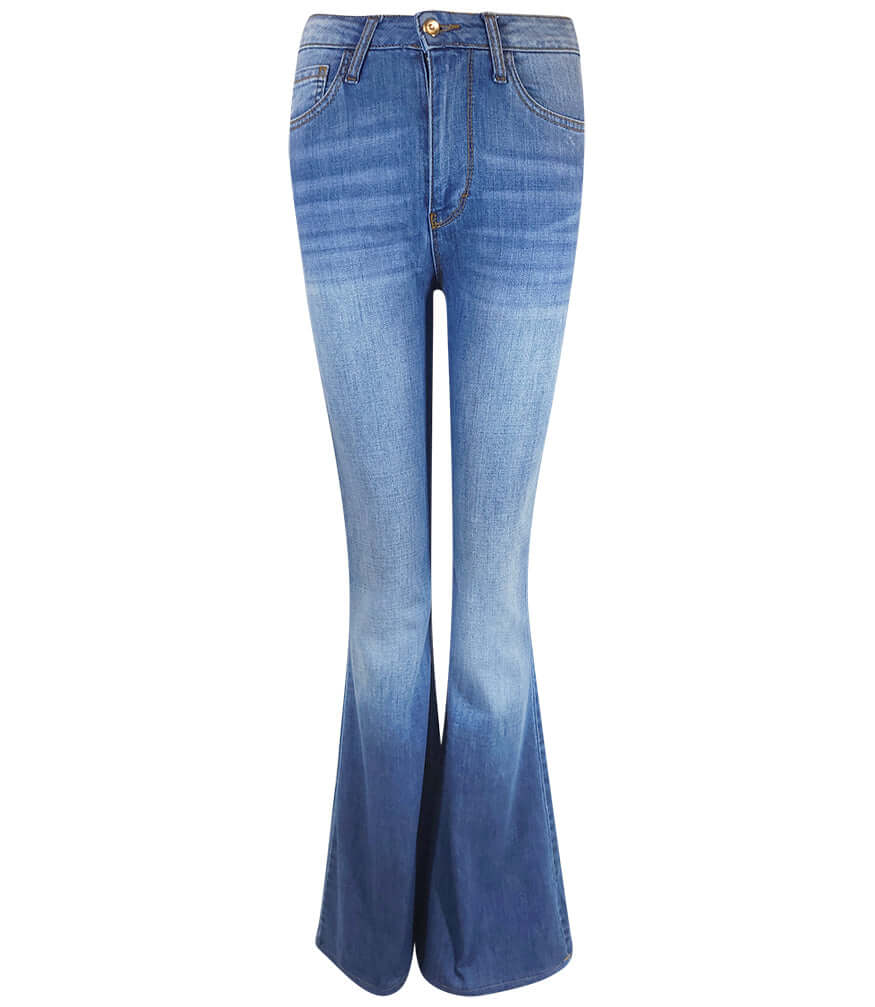 Blue denim flared jeans with button fly, belt loops, and stitched front seams