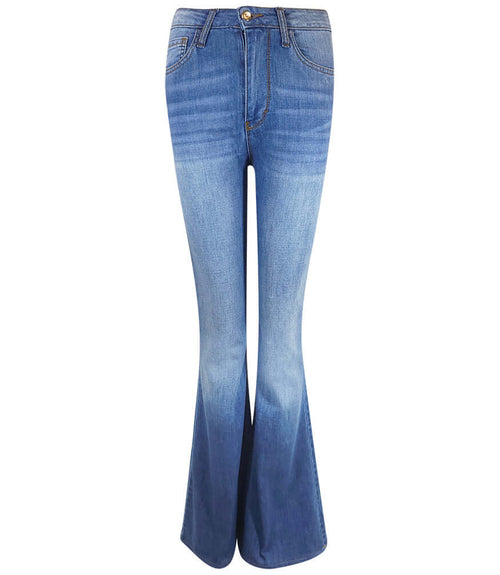 Blue denim flared jeans with button fly, belt loops, and stitched front seams