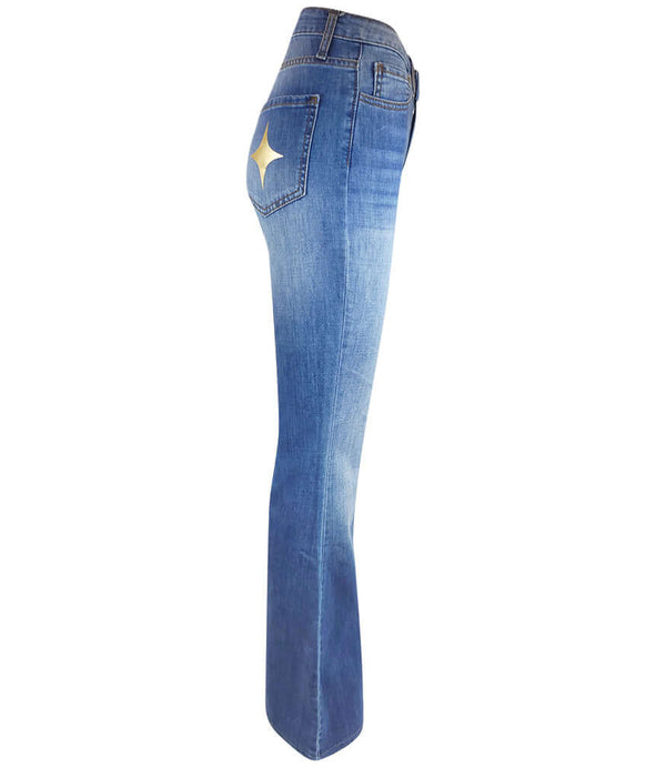 Blue denim flared jeans with gold star patch on back pocket, button waistband