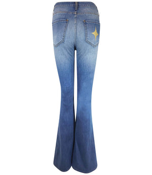 Blue denim flared jeans with two back pockets and gold star accents