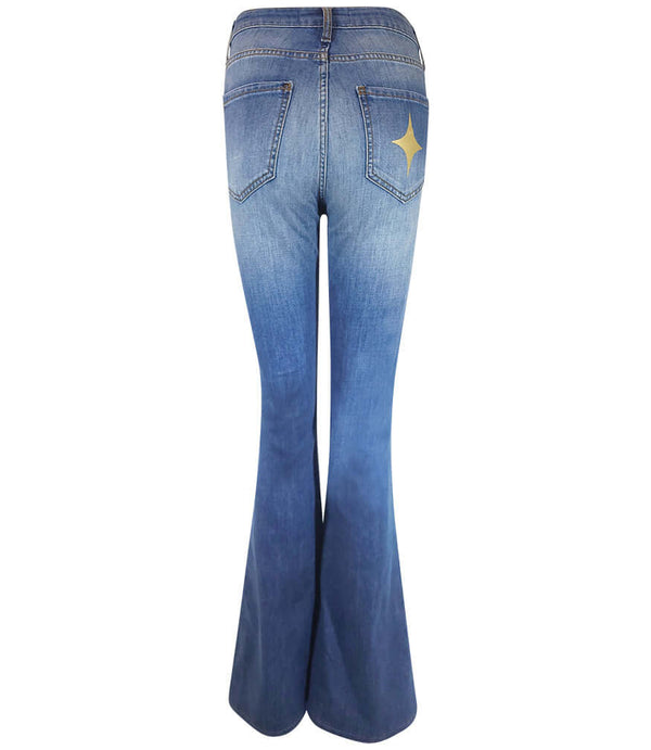 Blue denim flared jeans with two back pockets and gold star accents