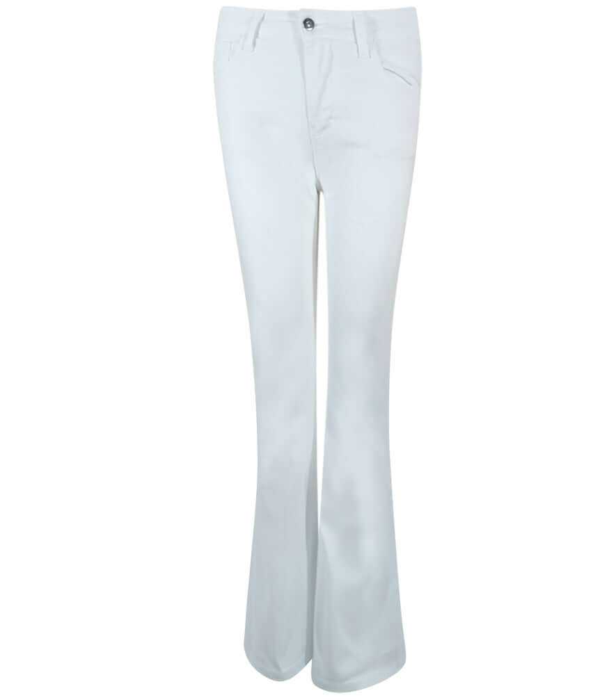 White denim flare jeans with button fly and side pockets