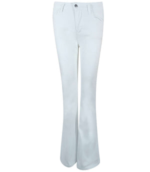 White denim flare jeans with button fly and side pockets