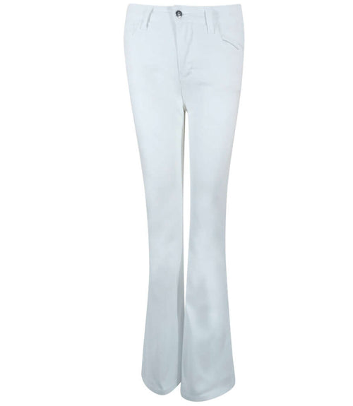 White denim flare jeans with button fly and side pockets