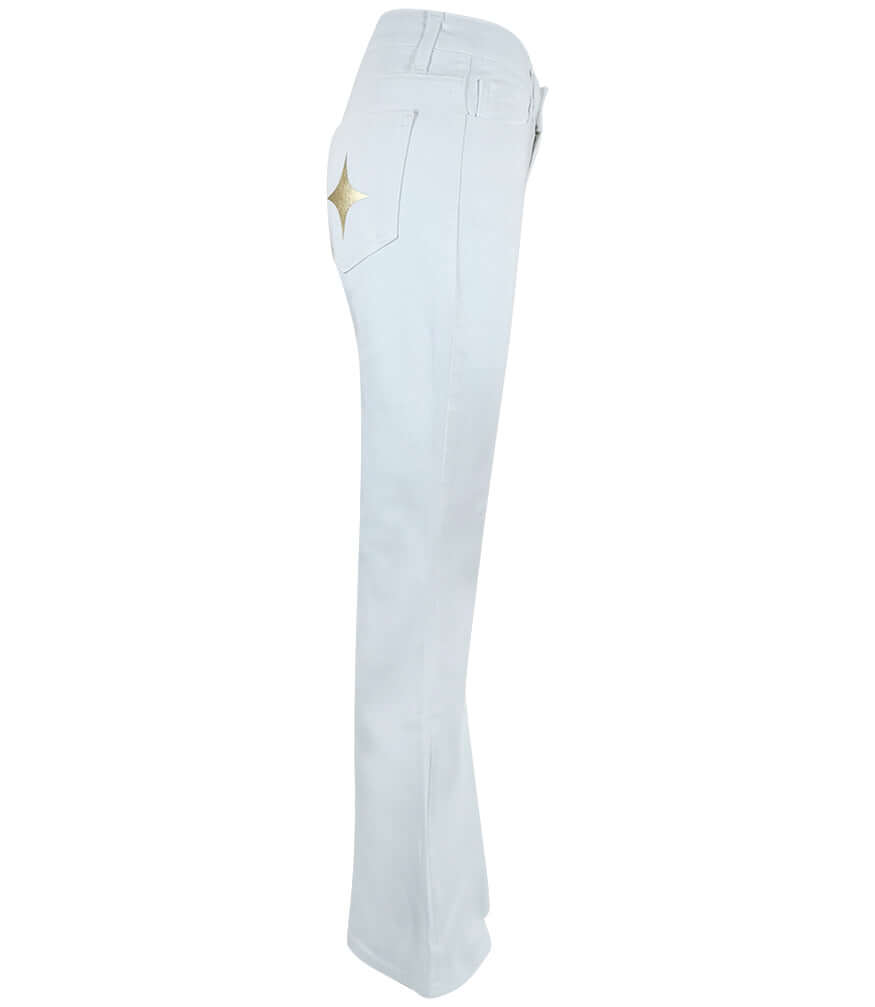 White denim flare jeans with button fly and side pockets