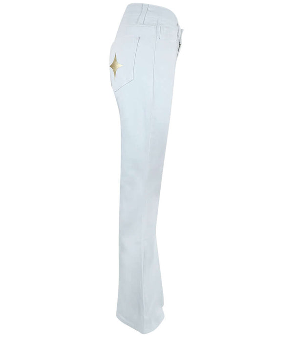 White denim flare jeans with gold star patch near thigh and back patch pockets