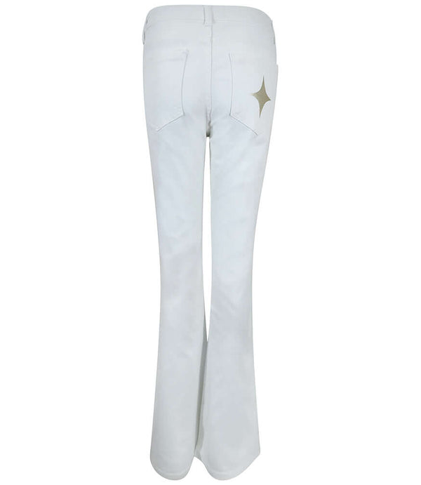 White denim flare jeans back view with gold star detail and stitched seams