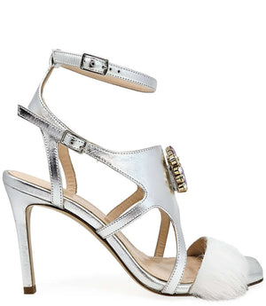 Silver open-toe high heel sandal with ankle strap and white feather trim