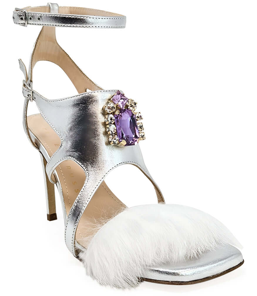 Silver open-toe high heel sandal with ankle strap and white feather trim