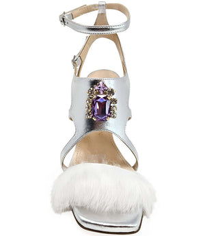 Silver open-toe high heel sandal with ankle strap, purple gem front, and white feather trim