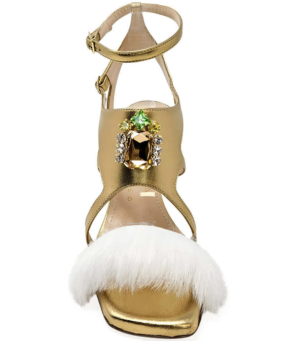 Gold leather open-toe pump with ankle strap, jeweled centerpiece, white feather cuff