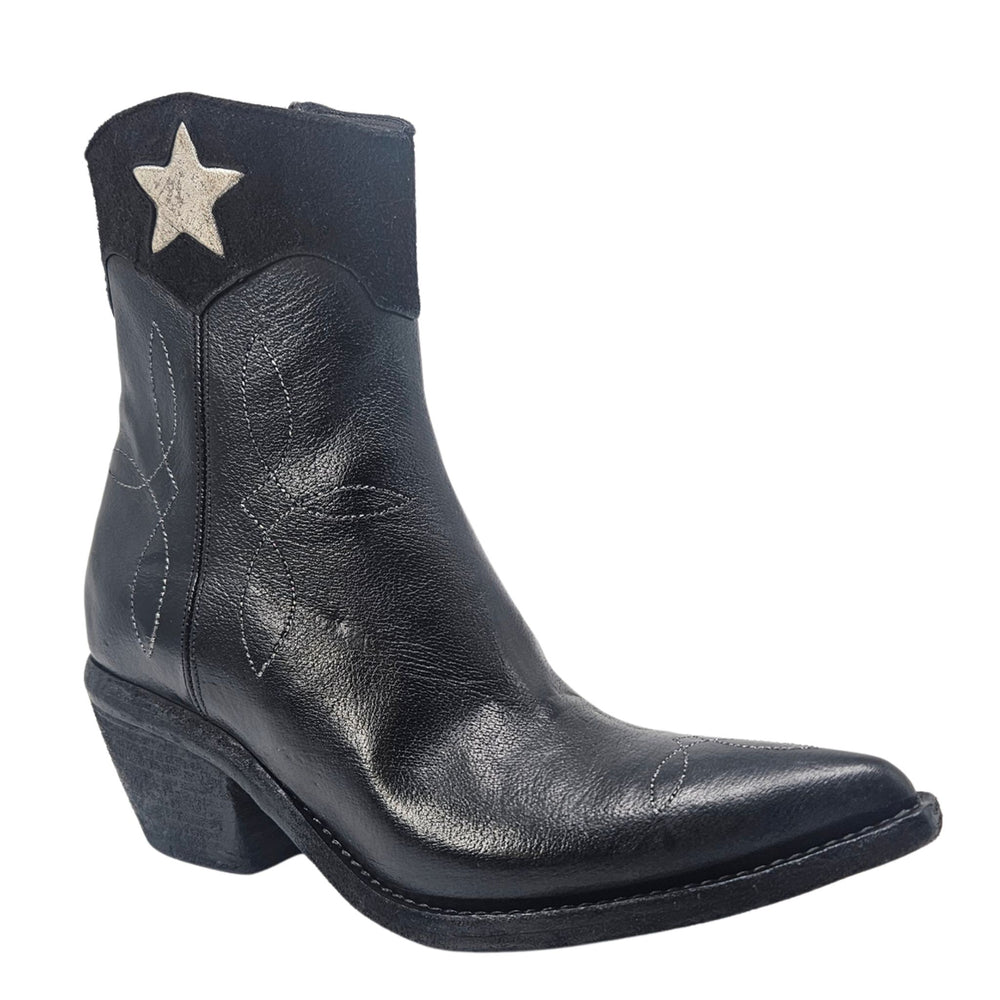 Black leather ankle boots with pointed toe and star patch on shaft