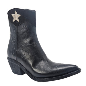 Black leather ankle boots with pointed toe and star patch detail