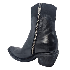 Black leather ankle boots with pointed toe, gold zipper, chunky block heel