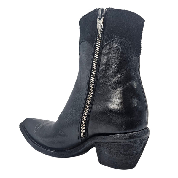 Black leather ankle boots with pointed toe, gold zipper, chunky block heel