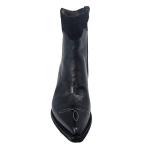 Black leather ankle boots with pointed toe and curved decorative stitching